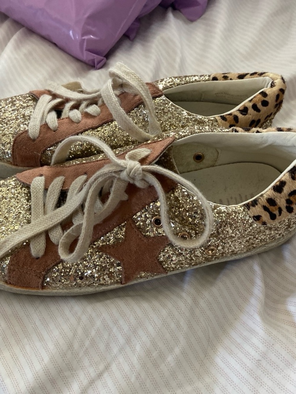 Glitter Star Lace-Up Sneakers with Leopard Heel